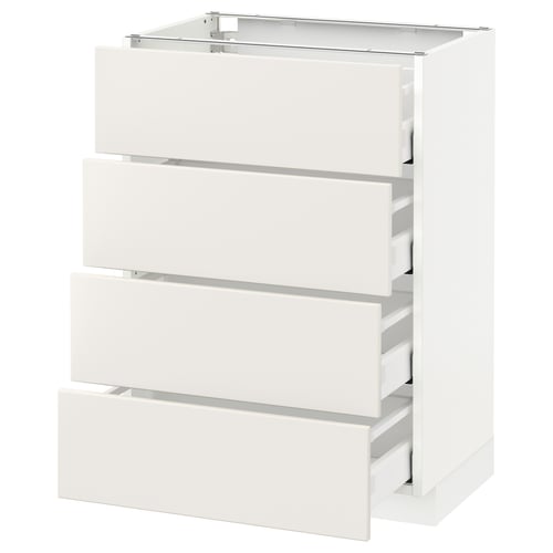 A white METOD kitchen cabinet with four drawers, featuring a sleek, modern design.