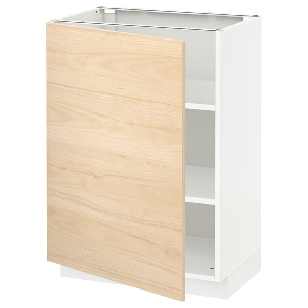 An ikea METOD kitchen cabinet. Its white with a light wood finish door, rectangular, and has one shelf inside.