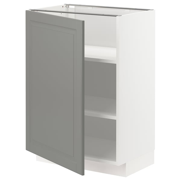 Open grey cabinet door on white METOD unit. Modern minimal design with adjustable shelves.