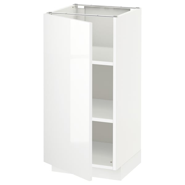 White high-gloss kitchen cabinet with adjustable shelves.