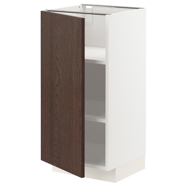 Open white cabinet with dark brown wood door, adjustable shelves.