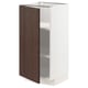Open white cabinet with dark brown wood door, adjustable shelves.
