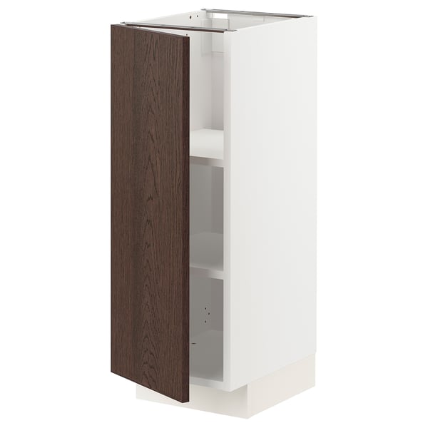 White METOD kitchen cabinet with dark brown door, oak veneer, adjustable shelves.