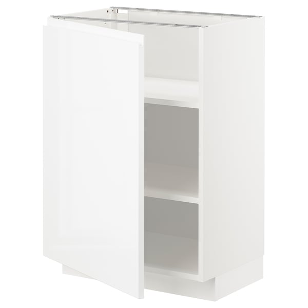 White METOD kitchen cabinet, gloss finish, integrated handles, open door showing shelves.