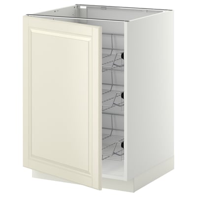 METOD off-white cabinet, classic design with bevelled edges. Wire baskets, sturdy, 18mm thick.