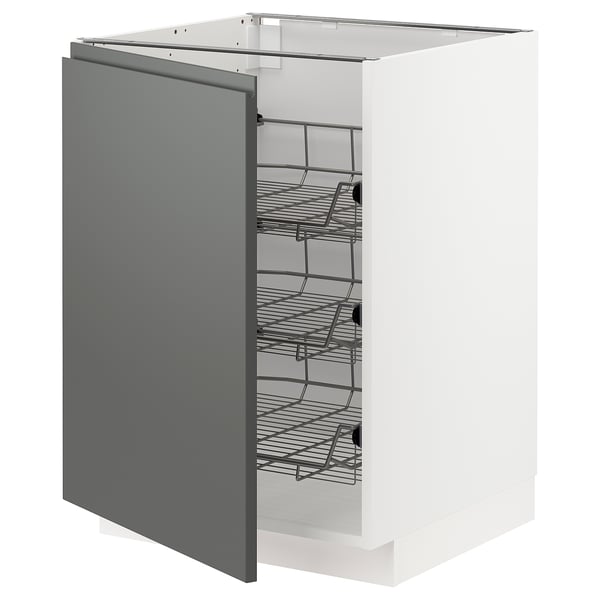 A white METOD kitchen cabinet with a grey matt door, featuring black wire shelves and a sleek, modern design.