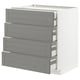 A white kitchen cabinet named METOD with four grey drawers. It has a modern design and uses wood materials.