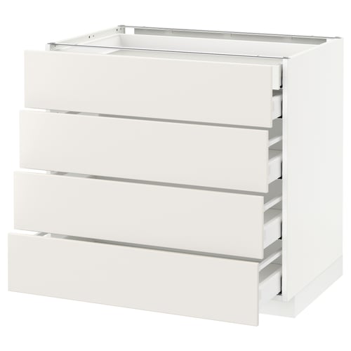 White METOD kitchen unit with four veddinge drawers in glossy finish.