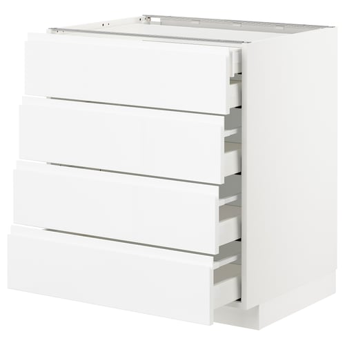 White, modern kitchen cabinet with four drawers and smooth handles.