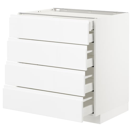 White METOD kitchen unit with glossy finish and 4 drawers.