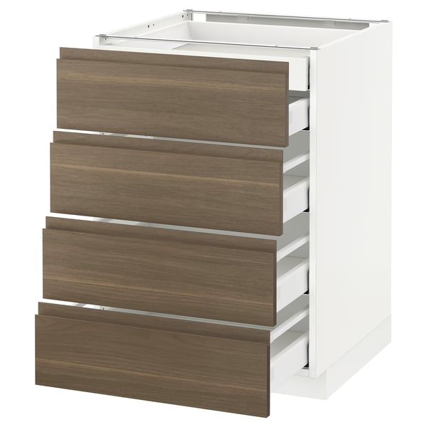 METOD kitchen unit, white, 4 drawers, dark walnut fronts.