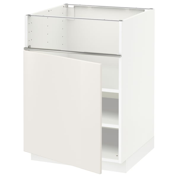 A white ikea METOD kitchen cabinet with a modern design, featuring a single door and metal frame construction.