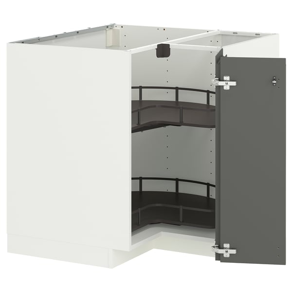 METOD Corner base cabinet with carousel, white/Voxtorp dark grey, 88x88x80 cm