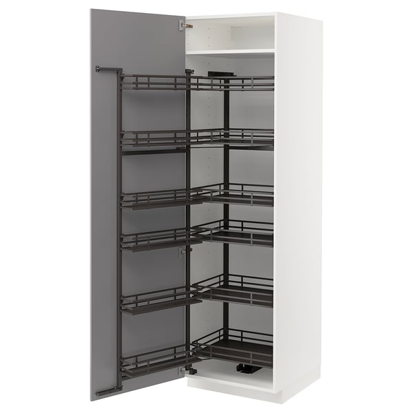 White kitchen cabinet with grey shelves, pull-out racks.