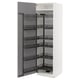 White kitchen cabinet with grey shelves, pull-out racks.