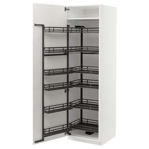 METOD white kitchen cabinet pull-out storage, steel shelves, 30-year warranty.