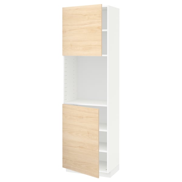 White ikea METOD kitchen cabinet with light wood doors.