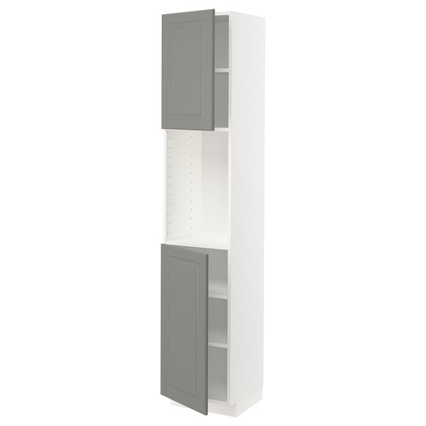 METOD kitchen unit in grey with white; tall, rectangular shape; bevelled edges, wooden-like finish.