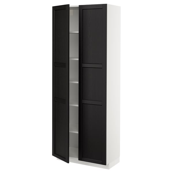 Modern tall black cabinet with wood grain texture, white frame, and multiple shelves.