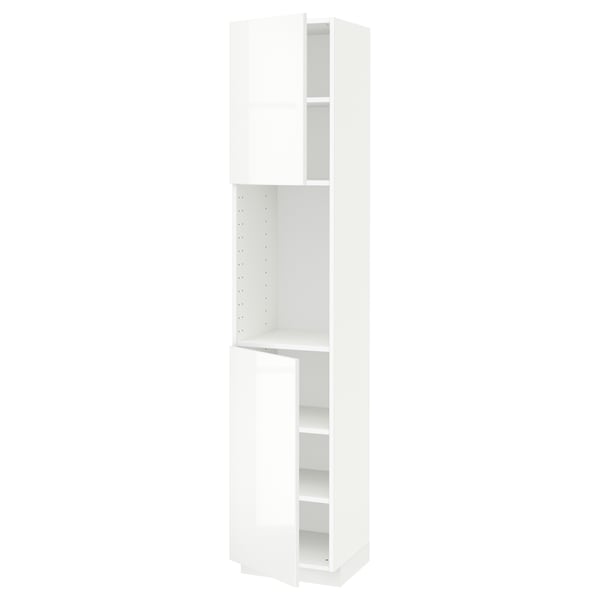 A white, tall, narrow kitchen cabinet from the METOD system. It has a glossy finish, adjustable shelves, hinged door, and a minimalist design.