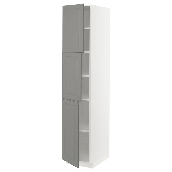 Tall white and grey kitchen cabinet with multiple shelves and adjustable compartments.