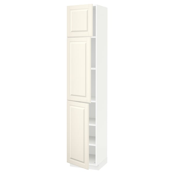 White tall kitchen cabinet, METOD brand, with three shelves and bevelled off-white doors.
