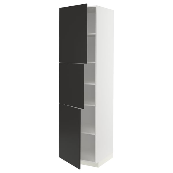 Modern METOD kitchen cabinet, all-white with black doors, rectangular shape.