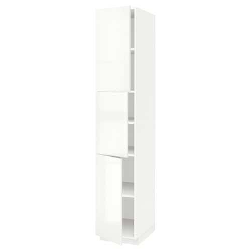 White tall storage cabinet, sleek modern design, glossy finish, adjustable shelves.