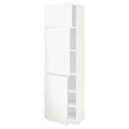 A white ikea METOD kitchen cabinet with two doors and adjustable shelves. The cabinet is tall and rectangular, ideal for storage.