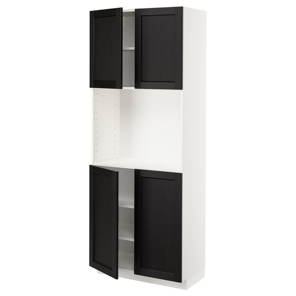 METOD kitchen unit. White with black stained, bevelled wood doors. Tall, rectangular, and versatile cabinet.