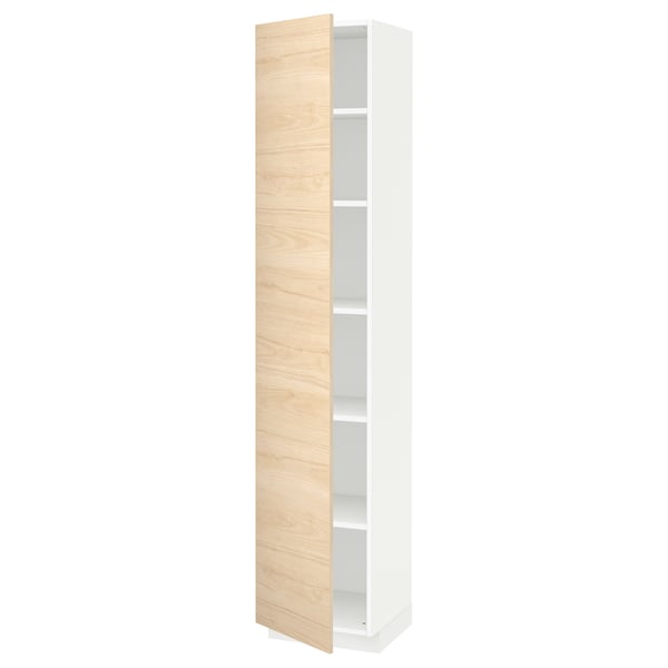 White METOD kitchen cabinet with light ash wooden door, tall and slim.