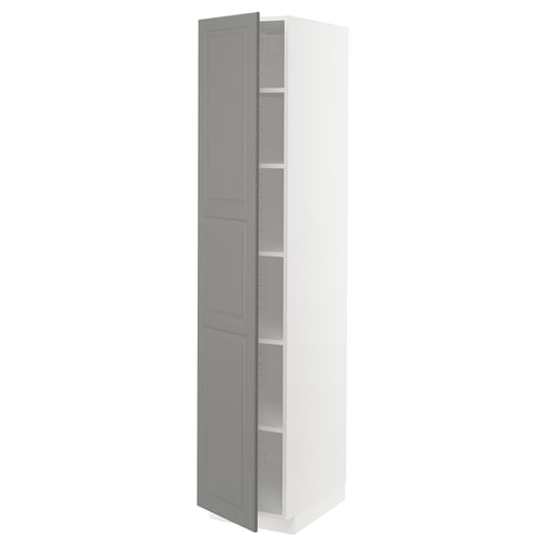 White and grey kitchen cabinet with adjustable shelves, traditional design.