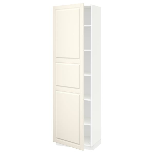 A tall, off-white METOD cabinet with two doors and an adjustable shelf inside. It has a traditional design with bevelled edges.
