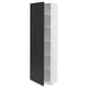 A white and black ikea METOD kitchen cabinet. It a tall, rectangular shape with an open door revealing adjustable shelves inside.