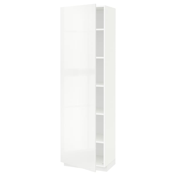 A white METOD kitchen cabinet with a glossy finish. It stands tall with one door, hinges on the right, and an adjustable shelf inside.