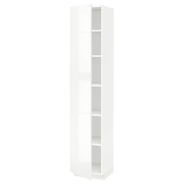 White high gloss kitchen cabinet with multiple shelves.