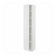 A tall white METOD kitchen cabinet. It adjustable shelves, sturdy construction, and modern design with sleek lines.