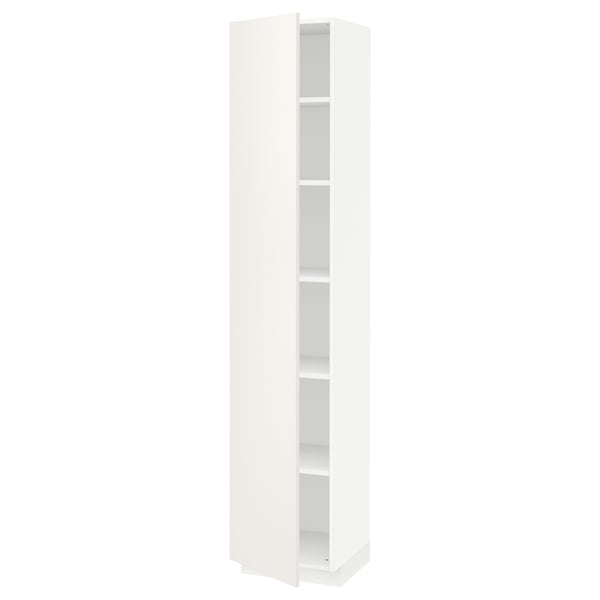 A white METOD kitchen cabinet, slim, tall with four shelves, sleek modern design.
