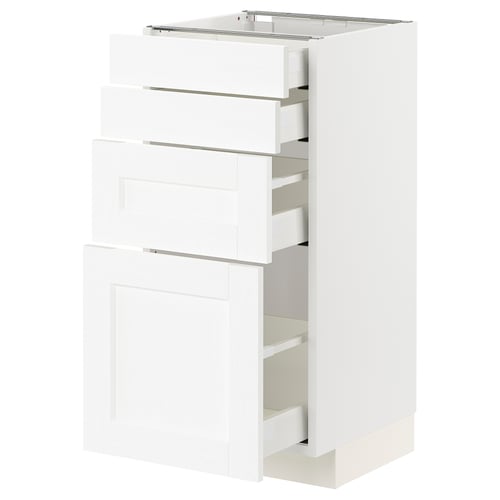 White METOD kitchen cabinet with three smooth-glide drawers and a door, showcasing a classic wood grain design.