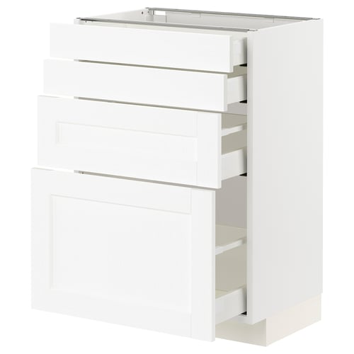 Alt: white cabinet with three drawers and shelves, modern kitchen furniture