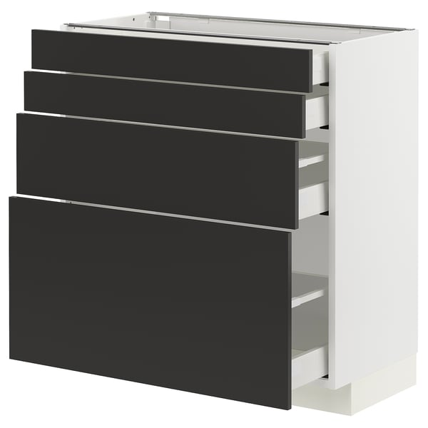 Black and white kitchen cabinet with four drawers, modern and sleek design.