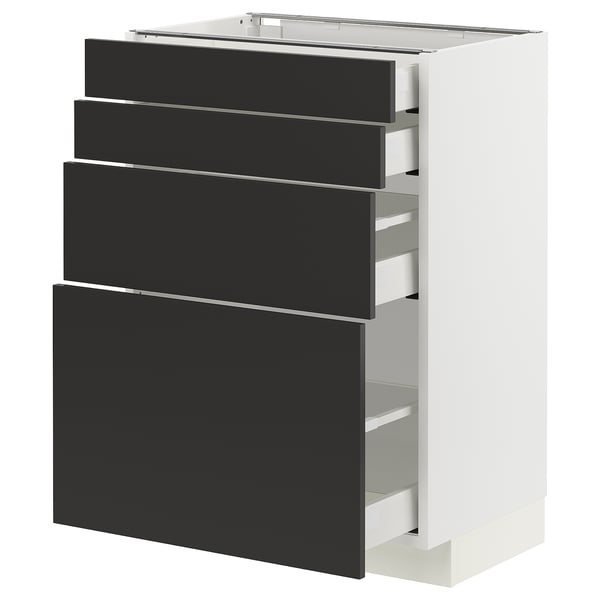 Modern white base cabinet with four dark grey drawers, sleek and minimalist design.