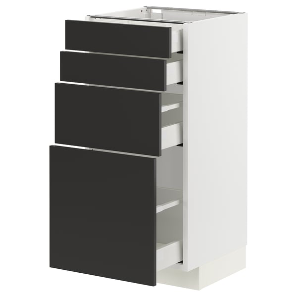 Modern kitchen unit: METOD. Black nickebo fronts, white frame. Full-extension drawers. Sleek, square design.