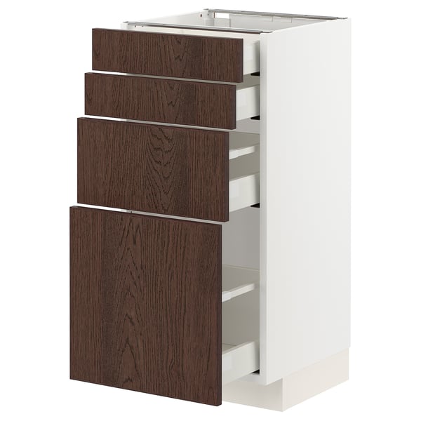White METOD kitchen cabinet with dark brown wooden drawers and handles. Modern and sleek design for efficient storage.
