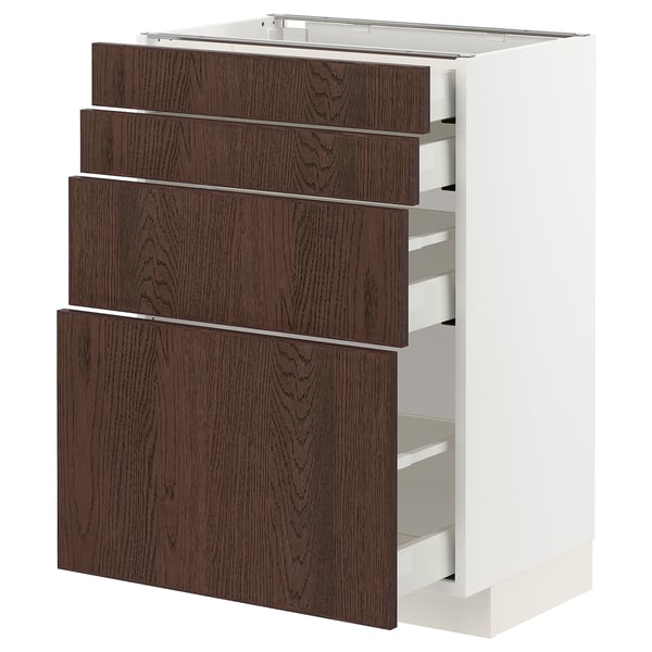 Ikea METOD kitchen unit, white with dark brown wood effect drawers, four drawers, rectangular, modern design.