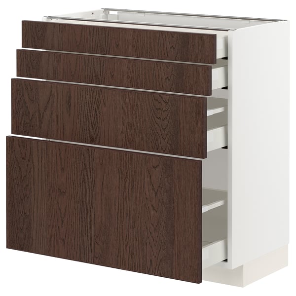 Modern kitchen cabinet: white METOD base with dark brown sinarp drawers, wooden edging.