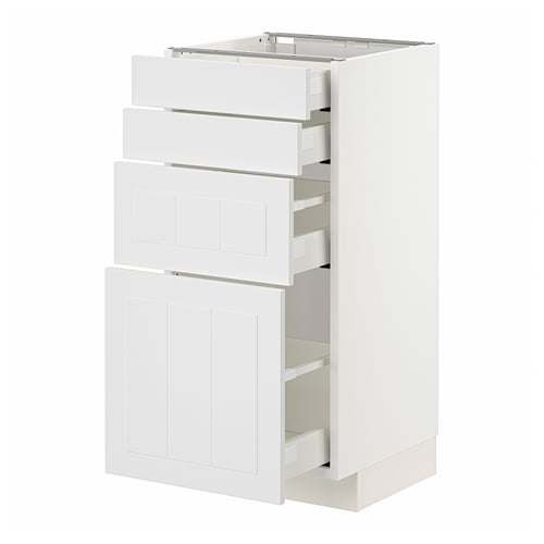 A white ikea METOD kitchen cabinet with multiple drawers and a door, designed with a modern aesthetic.
