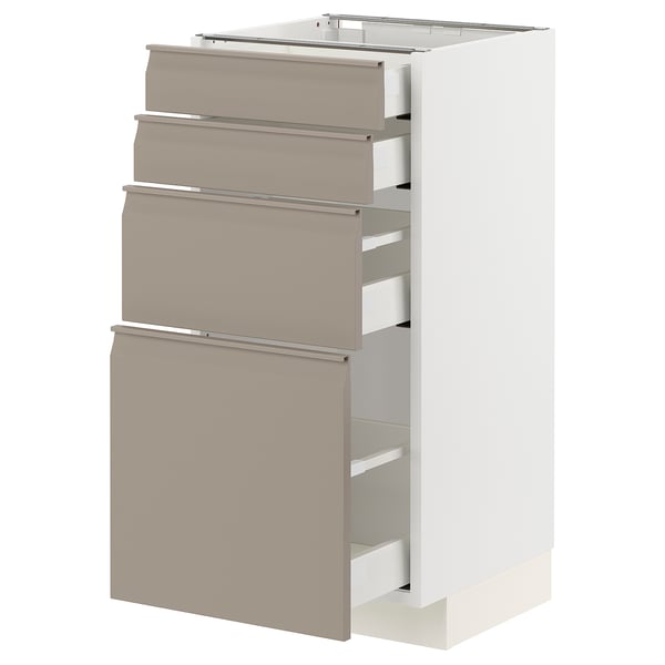 A modern METOD kitchen cabinet with four upplov drawers in matte gray-beige. It a sleek design with integrated handles and a smooth finish.