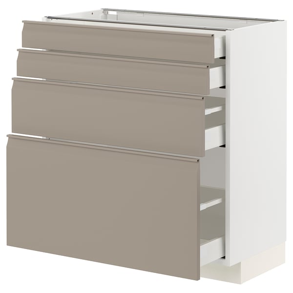 Modern METOD kitchen with grey-beige drawers.