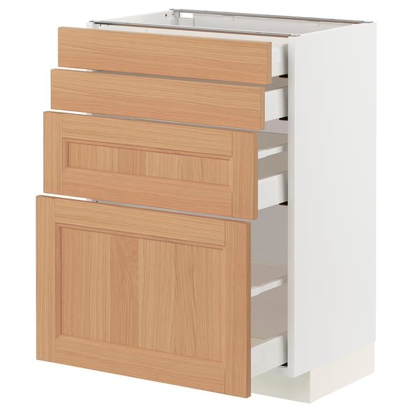 Ikea METOD kitchen unit in white and oak wood, featuring multiple drawers.